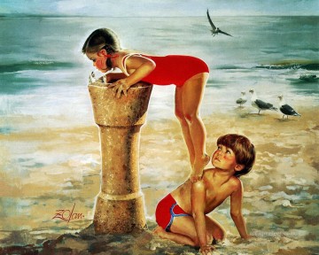 niños jugando al impresionismo junto a la playa Pinturas al óleo
